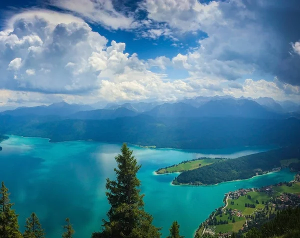 Malerischer Blick Auf Den Bergsee Tagsüber Von Grünen Bäumen Umgeben — Stockfoto