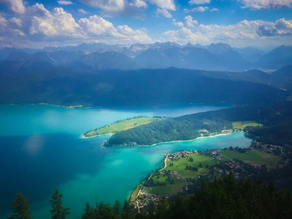 Malerischer Blick Auf Den Bergsee Tagsüber Von Grünen Bäumen Umgeben — Stockfoto