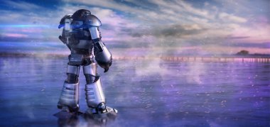 Gerçeküstü bir sahnede 3D fütüristik bir robotun canlandırması