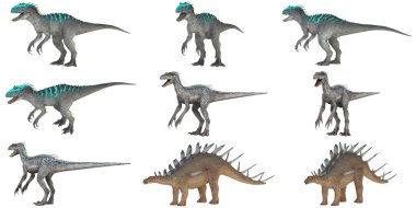 Çeşitli dinozorların farklı pozlardaki resimleri.