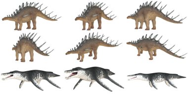 Ayrıntılı dinozor ve deniz sürüngeni modelleri koleksiyonu.