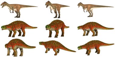 Beyaz arka planda çeşitli dinozorların 3 boyutlu modelleri.