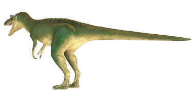 Beyaz arkaplanda yeşil bir dinozorun yan görüntüsü.