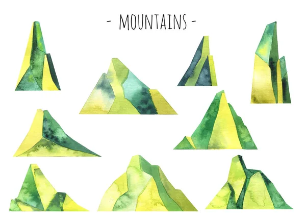 afiş için beyaz şablon izole yeşil Dağlar suluboya seti, scrapbooking. 