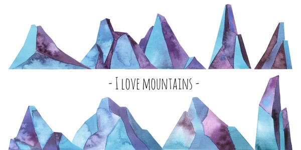 Dağlar mavi kayalar afiş için suluboya şablonu, scrapbooking. 