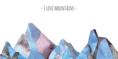 Dağlar mavi kayalar afiş için suluboya şablonu, scrapbooking. 