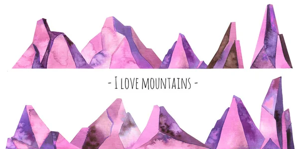 Dağlar pembe kristal kayalar afiş için suluboya şablonu, scrapbooking. 