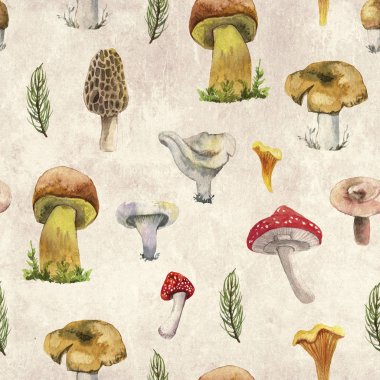 Orman mashrooms suluboya desen sarma için Dikişsiz desen farklı mashrooms.