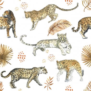 Leopar, jaguar kedi hayvan tropikal altın yaprakları ile dikişsiz desen