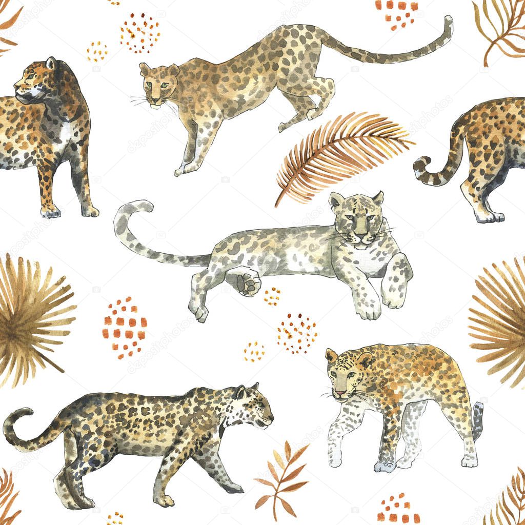 Leopard,jaguar cat animal seamless pattern with tropical golden leaves
