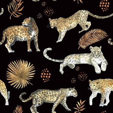 Leopar, jaguar kedi hayvan tropikal altın yaprakları ile dikişsiz desen