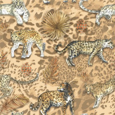 Leopar, jaguar kedi hayvan tropikal altın yaprakları ile dikişsiz desen