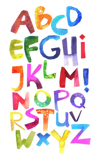 Renkli alfabe suluboya seti. Grunge el yazısı tip seti. Kaba kesim boyalı yazı tipi. Beyaz gökkuşağı harfleri