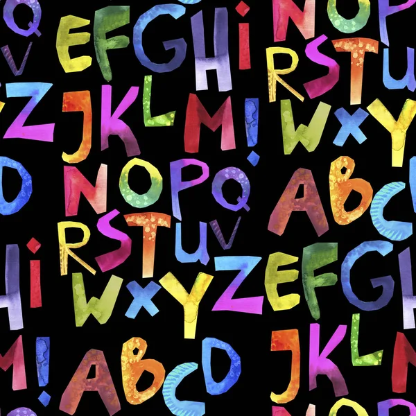 Renkli alfabe ile suluboya dikişsiz desen. Grunge el yazısı tip seti. Kaba kesim boyalı yazı tipi. Siyah gökkuşağı harfleri