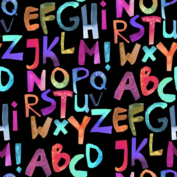 Renkli alfabe ile suluboya dikişsiz desen. Grunge el yazısı tip seti. Kaba kesim boyalı yazı tipi. Siyah gökkuşağı harfleri