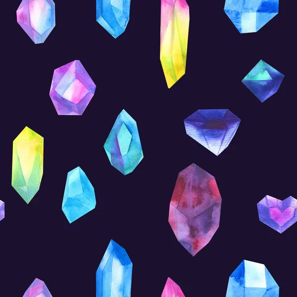 Dikişsiz desen suluboya renkli kristaller koyu arka plan üzerinde izole. Çokgen soyut desen. Gerçekçi elmas ile suluboya deseni