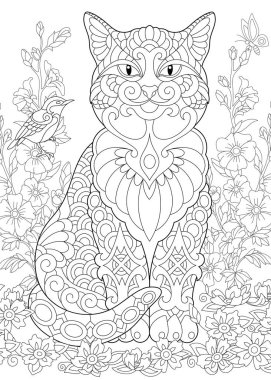 Kedi. Bahar bahçe. Boyama sayfası. Yetişkin renklendirme kitap fikir. Doodle ve zentangle öğeleri ile çizim antistress serbest kroki.
