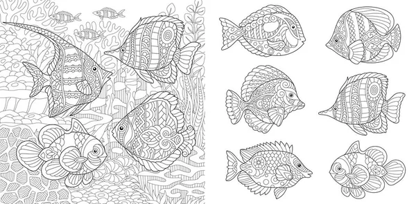 水下海洋世界 不同种类的热带鱼类的浅滩 着色页 成人着色书的想法 抗应力手绘素描收藏 — 图库矢量图片