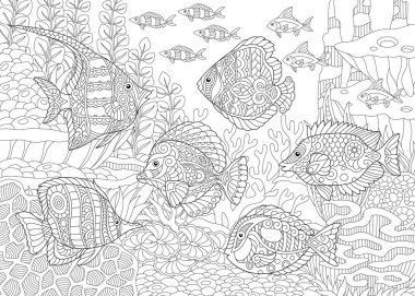 Underwater Ocean world. Shoal of tropical fishes of different species. Coloring Pages. Adult Coloring Book idea. Antistress freehand sketch collection. clipart
