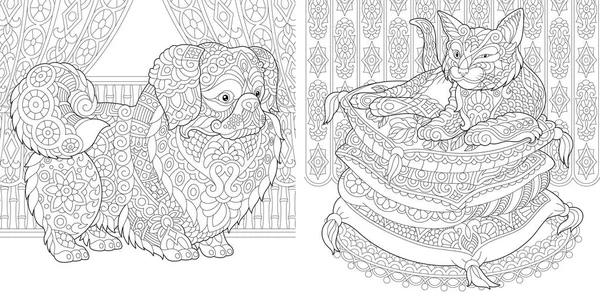 Окраска Страниц Кот Подушках Пекинес Японский Чин Дог Идея Раскраски — стоковый вектор