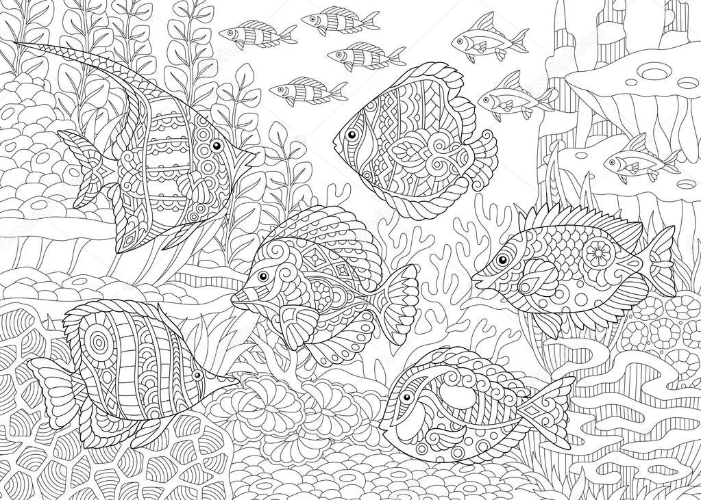 Underwater Ocean World Shoal Of Tropical Fishes Of Different Species Coloring Pages Adult Coloring Book Idea Antistress Freehand Sketch Collection Premium Vector In Adobe Illustrator Ai Ai Format Encapsulated