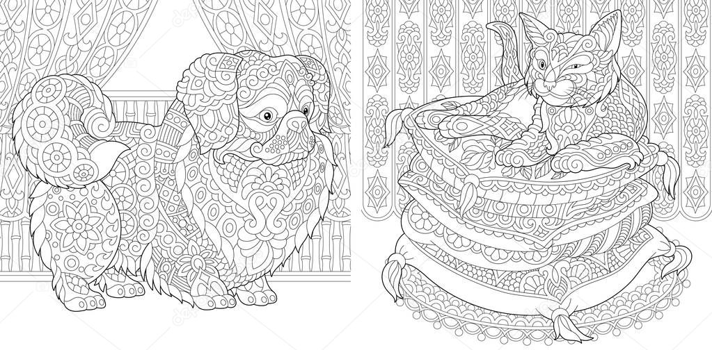 Coloring Pages. Cat on pillows. Pekingese or Japanese Chin Dog. Adult Coloring Book idea. Antistress freehand sketch drawing with doodle and zentangle elements. Vector illustration.