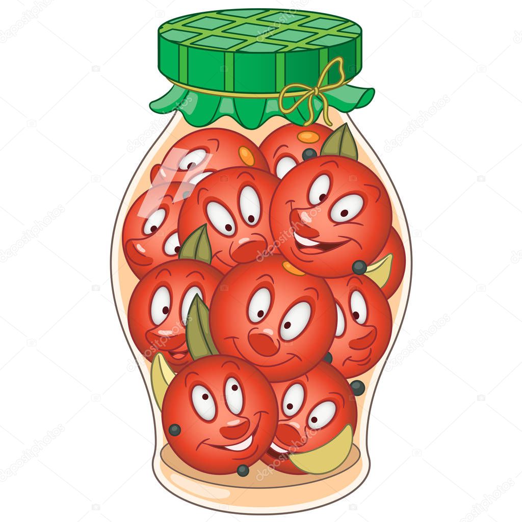 Pickles jar. Pickled tomatoes in rustic style. Happy canned food concept.