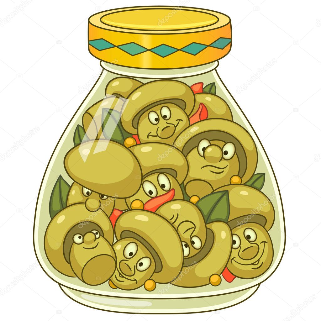 Pickles jar. Pickled champignon mushrooms. Happy canned food concept. 