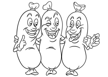 Sausages. Three Friends. Coloring page. Colouring picture. Coloring book.  clipart