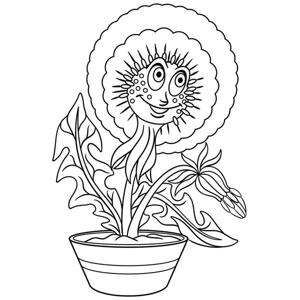 鍋でタンポポの花 ページを着色 着色画像 塗り絵 — ストックベクタ