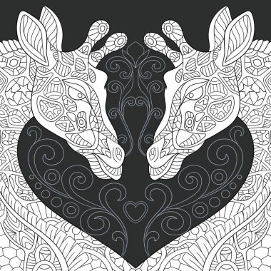 Zürafalar hat sanat tarzda çizilmiş. Dantel kara tahta üzerinde siyah ve beyaz renklerde arka plan. Boyama kitabı. Boyama sayfası. Zentangle vektör çizim.
