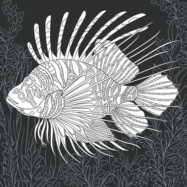 Lion-fish drawn in line art style. Ocean background in black and white colors on chalkboard. Coloring book. Coloring page. Zentangle vector illustration. clipart