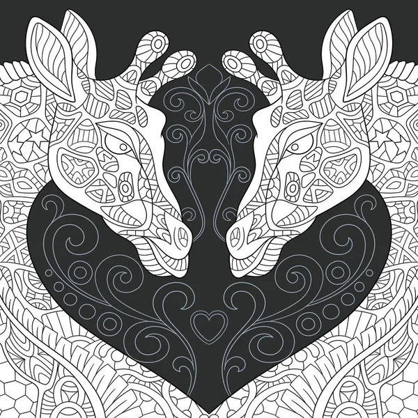 Zürafalar hat sanat tarzda çizilmiş. Dantel kara tahta üzerinde siyah ve beyaz renklerde arka plan. Boyama kitabı. Boyama sayfası. Zentangle vektör çizim.