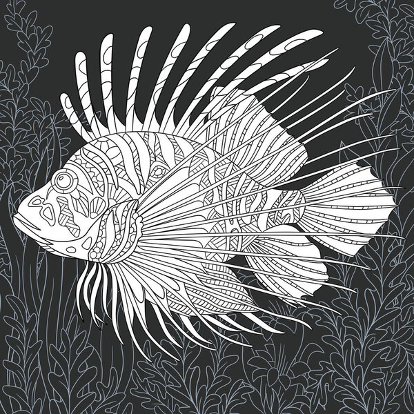 Lion-fish drawn in line art style. Ocean background in black and white colors on chalkboard. Coloring book. Coloring page. Zentangle vector illustration.