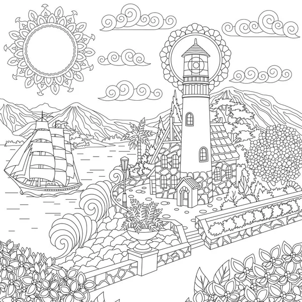 Lighthouse Sea Shore Sailing Ship Coloring Page Colouring Picture Adult — Stock Vector