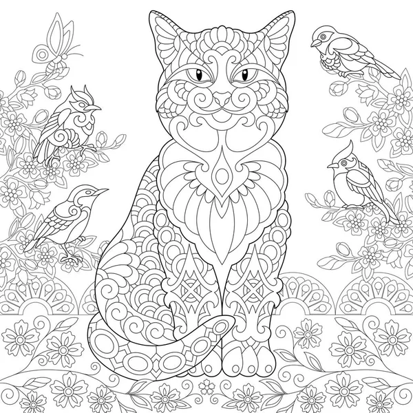 Kočka Jarní Ptáci Zahradě Omalovánky Obrázek Vybarvení Adult Coloring Book — Stockový vektor