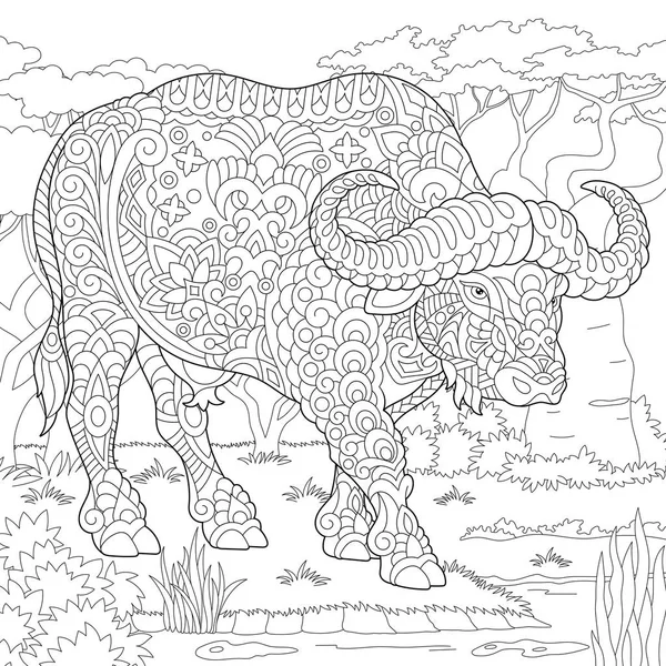 Buffalo Taureau Coloriage Image Colorier Livre Coloriage Adulte Idée Croquis — Image vectorielle