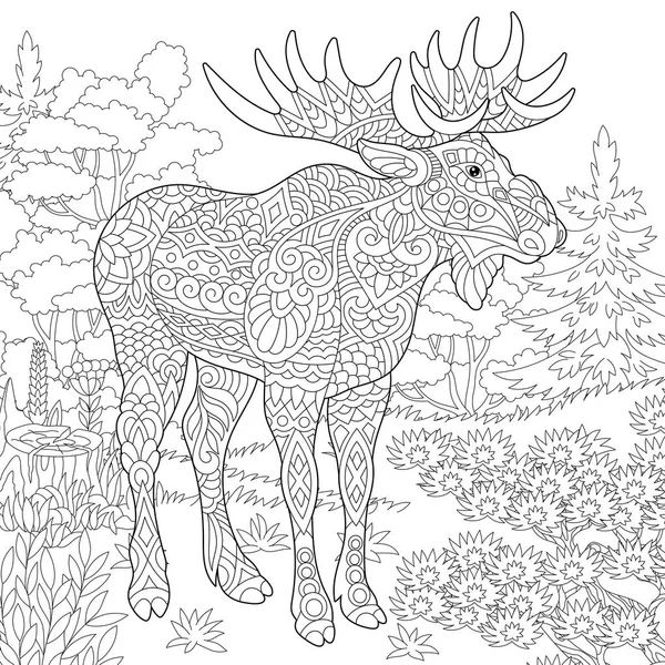 Moose Woodland Animal Forest Landscape Coloring Page Colouring Picture Adult — Stock Vector