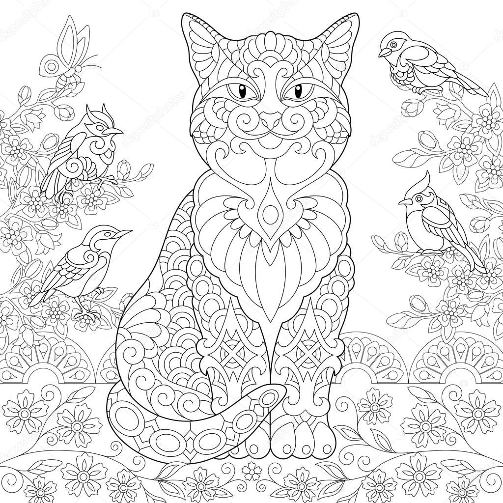 ✓ Cat and spring birds in the garden. Coloring Page. Colouring ...