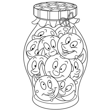 Boyama sayfası. Boyama kitabı. Turşu kavanozu. Turşusu domates. Mutlu gıda kavramı. Cartoon tasarım t-shirt için baskı, simge, logo, etiket, yama, etiket.