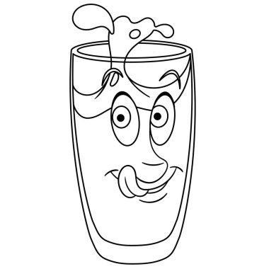 Boyama sayfası. Boyama kitabı. Su bardağı içilir. Mutlu gıda kavramı. Cartoon tasarım t-shirt için baskı, simge, logo, etiket, yama, etiket.