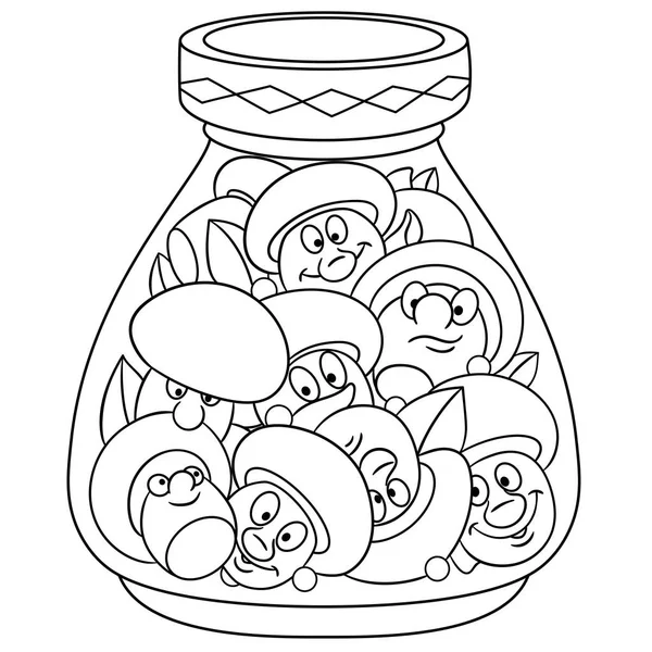 ページを着色 塗り絵 ピクルス瓶 ピクルス シャンピニオン キノコ 幸せ食品のコンセプト 漫画デザイン シャツの印刷 アイコン — ストックベクタ