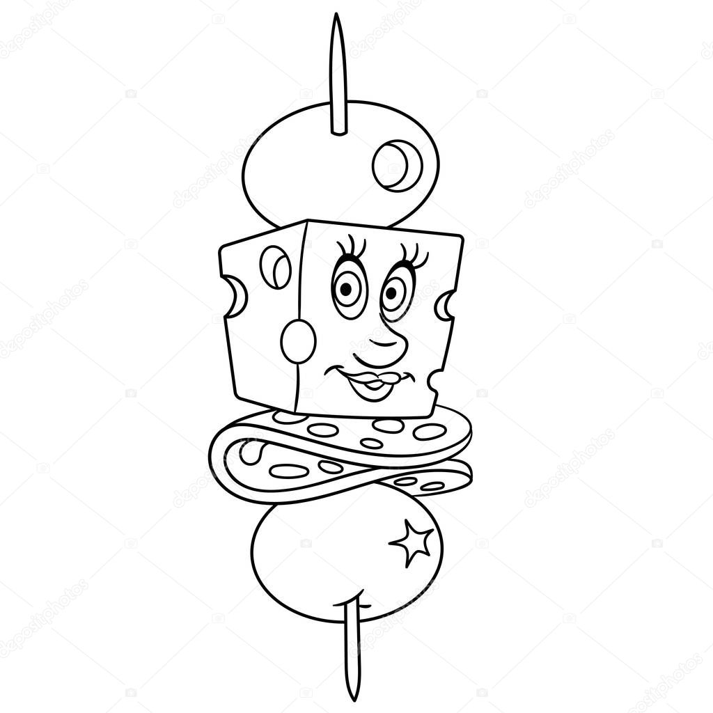 Coloring page. Coloring book. Canape with salami, cheese and olives. Happy Food concept. Cartoon design for t-shirt print, icon, logo, label, patch, sticker.