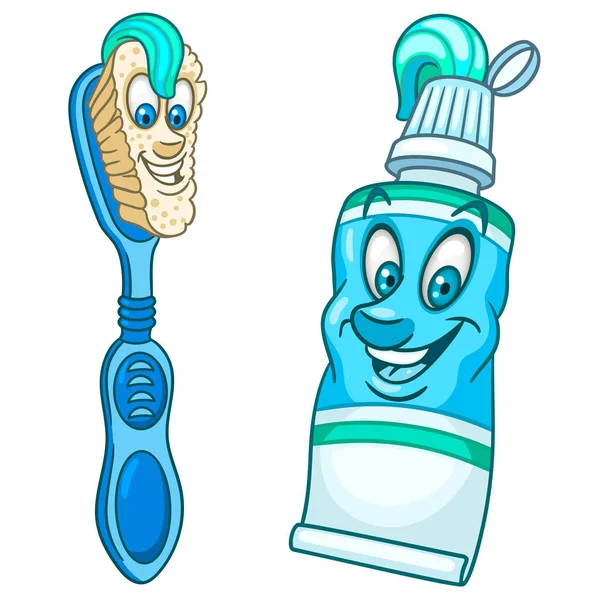 Οδοντόβουρτσα Και Οδοντόκρεμα Βούρτσισμα Δοντιών Οδοντιατρικά Σετ Ευτυχισμένος Κινούμενα Σχέδια — Διανυσματικό Αρχείο