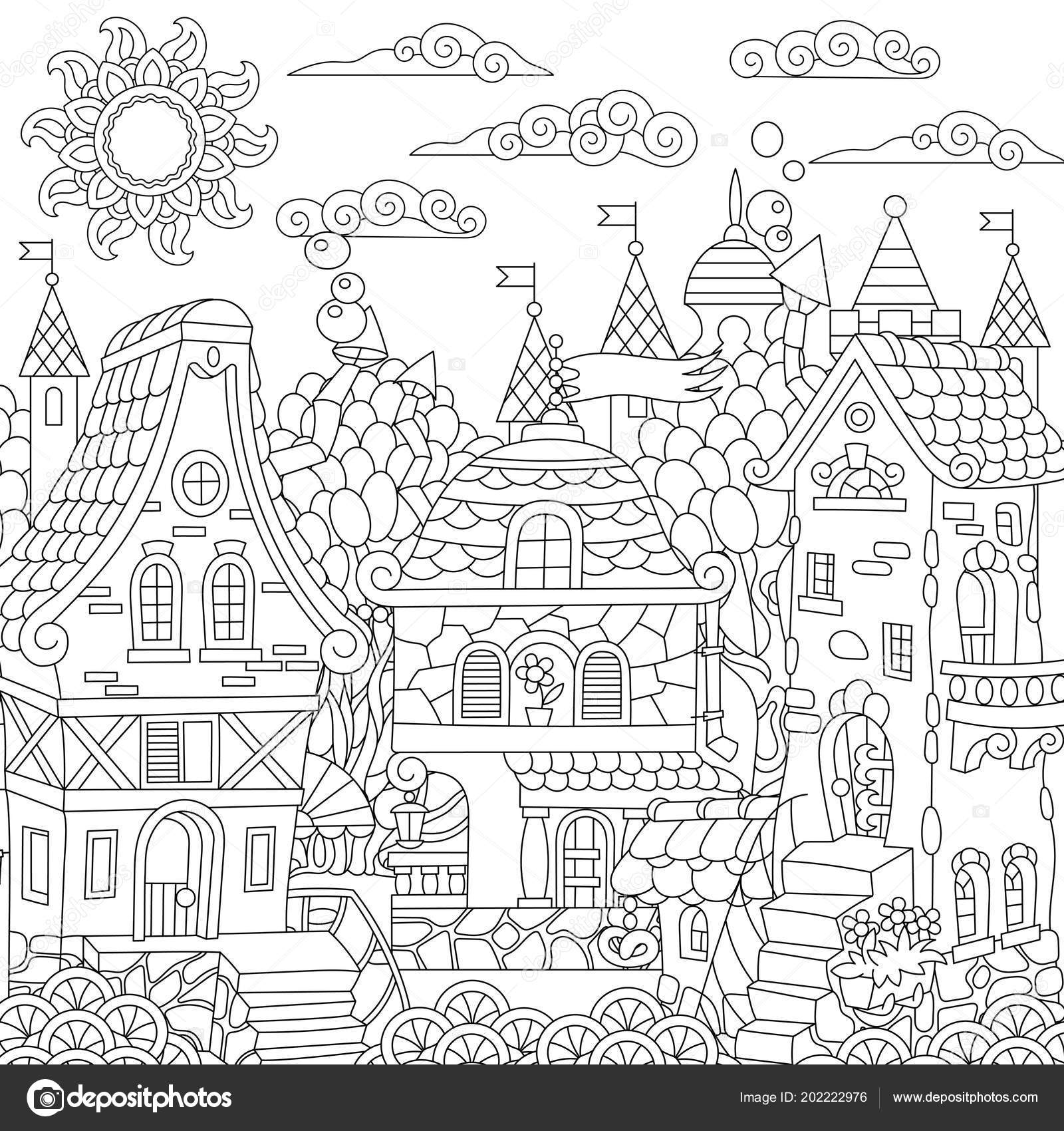 Fairy Tale Town Fairytale City Fantasy Downtown Vintage Houses Coloring