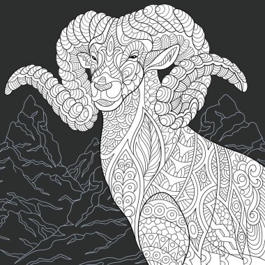 Keçi hat sanat tarzda çizilmiş. Dağ kara tahta üzerinde siyah ve beyaz renklerde arka plan. Boyama kitabı. Boyama sayfası. Zentangle vektör çizim.
