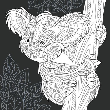 Hat sanatı tarzda çizilmiş koala ayısı. Orman kara tahta üzerinde siyah ve beyaz renklerde arka plan. Boyama kitabı. Boyama sayfası. Zentangle vektör çizim.