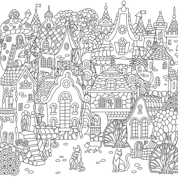 Город Сказок Город Пейзаж Фантастический Городской Пейзаж Старинными Домами Кошками — стоковый вектор