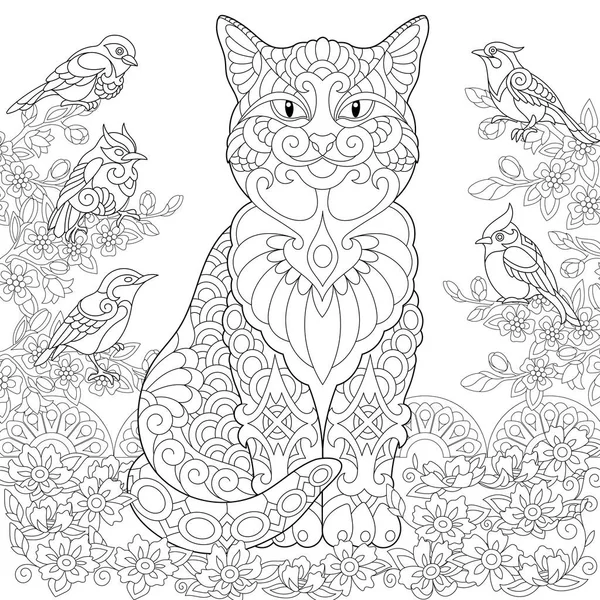 Cat Birds Garden Coloring Page Colouring Picture Coloring Book Freehand — Stock Vector