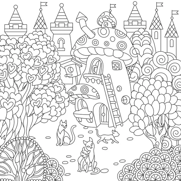 Город Фантазий Сказочный Грибной Домик Волшебные Деревья Форме Сердца Кошки — стоковый вектор